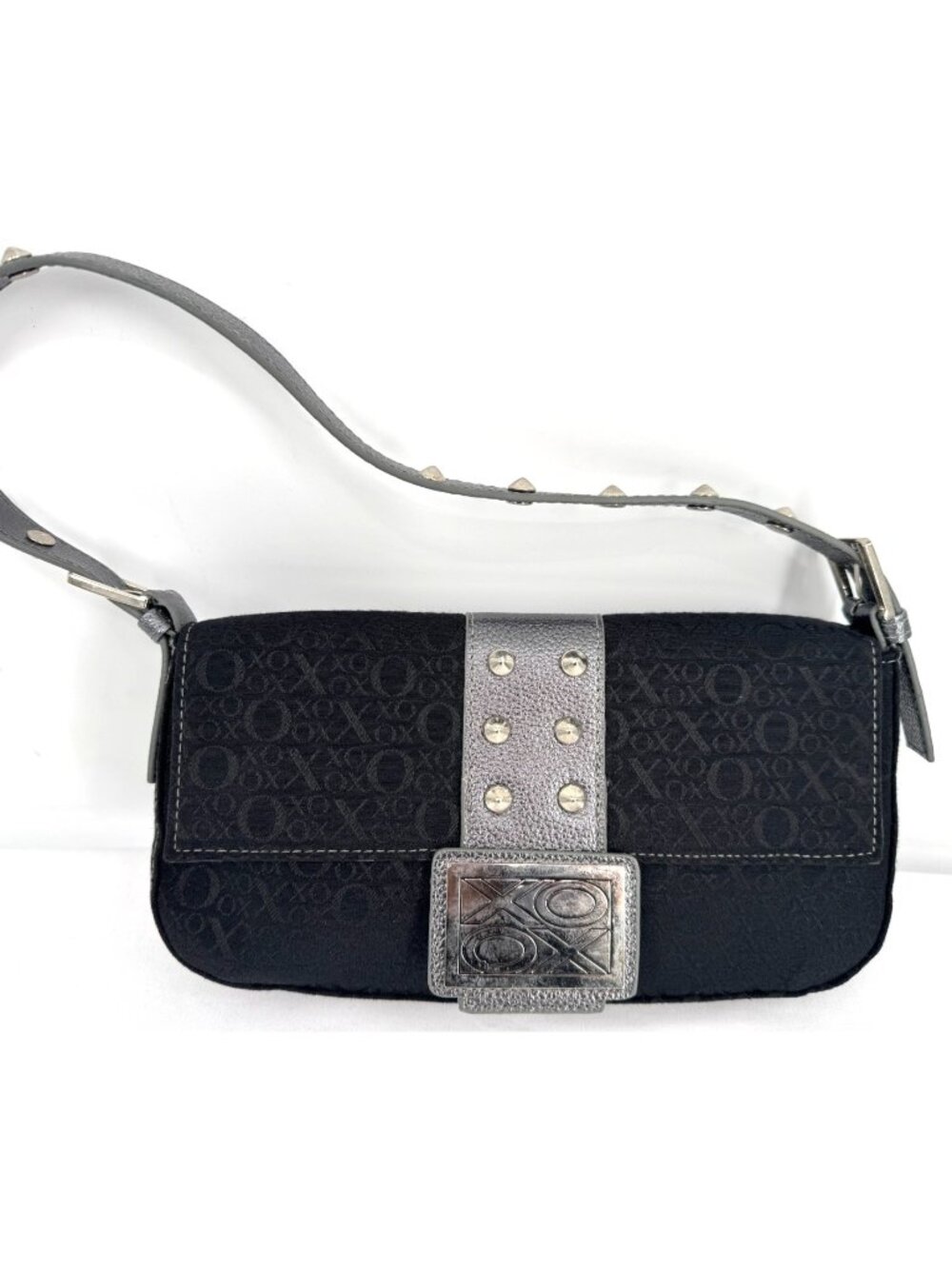 Vintage 90s Y2K XOXO Black Logo Canvas Leather Trim Shoulder Bag Studs Handbag